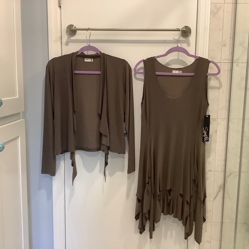 NWT SYMPLI Tan keyhole tank dress & matching ruffle Romance Cardigan $290 Sz 6 8